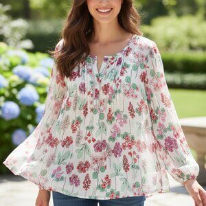 Tommy Hilfiger Floral Sheer Lined Blouse XL Long Sleeve Pleated Split